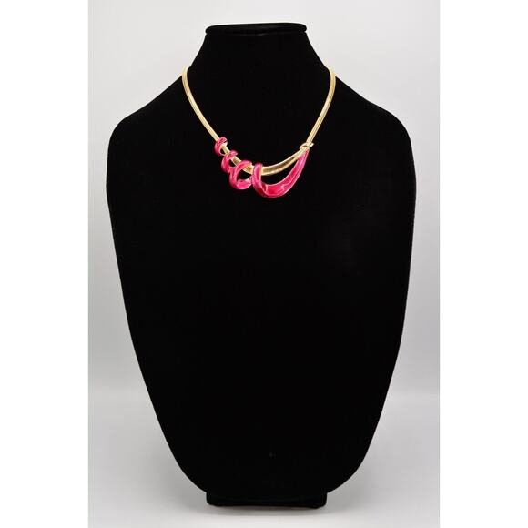 Vintage Collar Necklace Magenta Red Enamel Gold Flex Omega Chain Chunky Bin2C - Picture 2 of 12